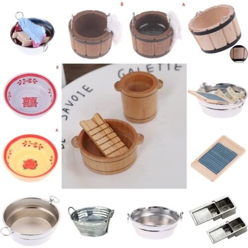 1:12 Dollhouse Miniatures Metal Washtub With Washboard Wash Basin Laundry Tub Foot Bucket For Home Furniture Bathroom Supplies