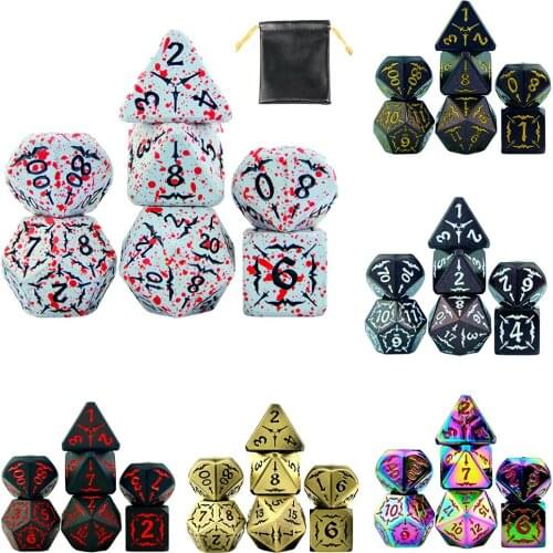 DND Metal Dice Set 7 PCS - Splashing Blood Metal Polyhedral Dice with PU Leather Bag for RPG Gaming Halloween Party Game