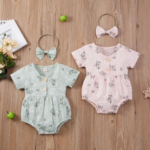 Fashion Baby Girls Clothes Toddler Summer Creative Floral Plant Printing Short Sleeve Button Romper Bow Headwear Clothing Set