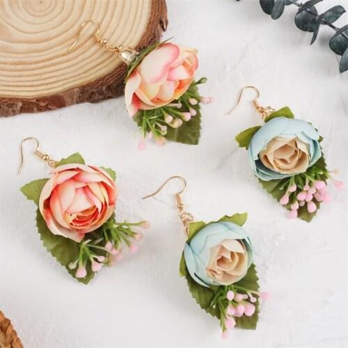 Trendy Ladies Handmade Simulation Flower Dangle Earrings For Women Girls Bohemian Yarn Fabric Pink Flower Drop Earring Jewelry