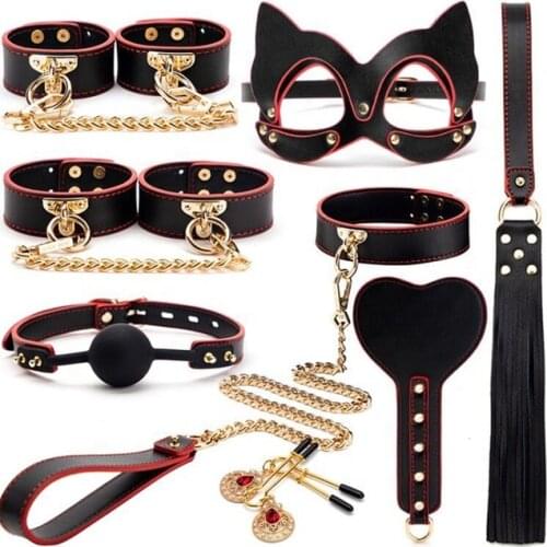 BDSM Kits Genuine Leather Bondage Set Fetish Handcuffs Collar Gag Whip Erotic Sex Toys For Women Couples Adult Games