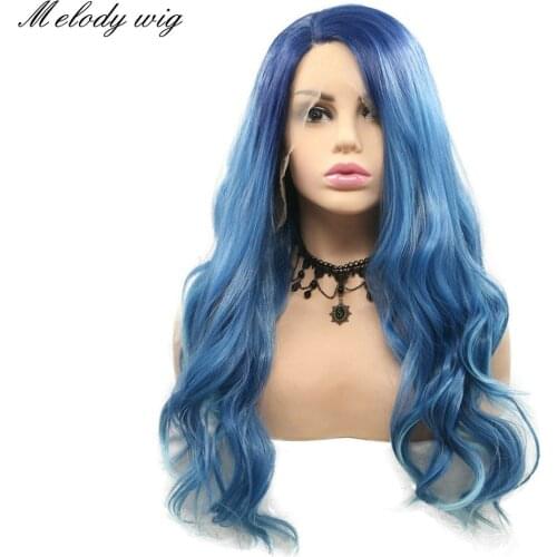 Melody Synthetic Lace Front Wig Dark Blue Ombre Pastel Blue Mermaid Long Natural Wave for Women Natural Looking Drag Queen Daily