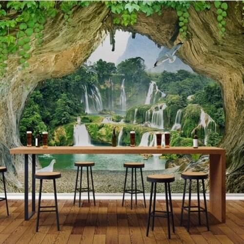 Cave Waterfall Mural 3D Stereoscopic Scenery Wall Paper 3D Photo Wallpaper Bedroom Living Room Restaurant Bar Wall Decorative
