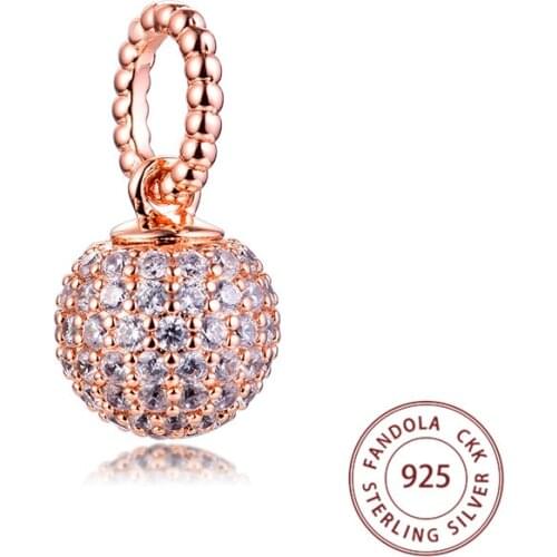 Fits Pandora Bracelet 925 Sterling Silver Rose Gold Pave Ball Pendant Charms Crystal Beads for Jewelry Making kralen