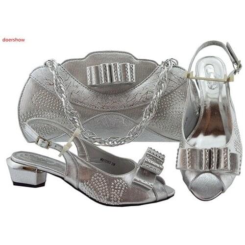 Doershow silver Shoes and Bag To Matching African Shoes and Bag Set For Party Nigerian Women Fashion Shoes and Bags!SLN1-20