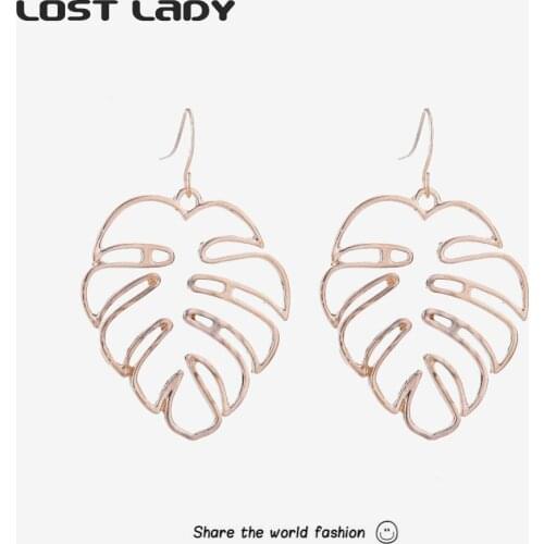 Lost Lady Kpop Hollow Leaves Dangle Earrings Statement Retro Metal Hanging Earrings for Women Modern Female Jewelry Party