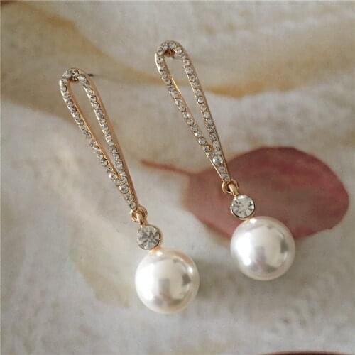 Vintage Pearl Drop Earrings Gold Color Alloy Clear Stone Decorate Pearl Dangle Earrings for Women Bohemia Statement Fashion