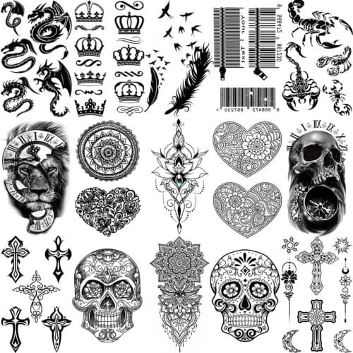 3D Lotus Cross Mandala Temporary Tattoos For Women Adult Men Crown Skull Compass Feather Fake Tattooneck Arm Hands Small Tatoos