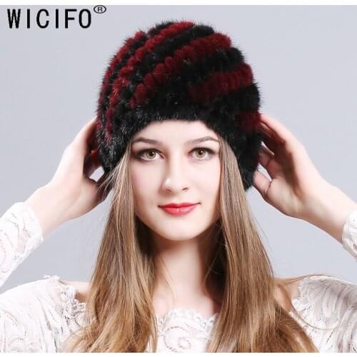 Wucifo 2019 New fashion Genuine real natural knitted Mink Fur Hat women hand made knit Fashion Winter Headgear cap