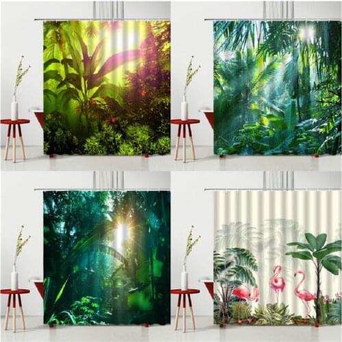 Tropical Rain Forest Shower Curtain Tropical Plants Flamingo Sunlight Modern Bedroom Curtain Polyester Fabric Machine Washable
