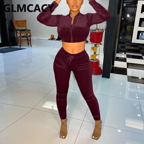 Women Two Piece Velvet Track Suits Long Sleeve Crop Top & Slim Pants Set