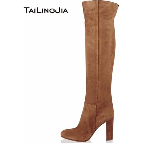 Faux Suede Womens Brown Over knee High Boots Block Heel Winter Keep Warm Ladies Boots Fashion Slip On Plus Size Free Shipping