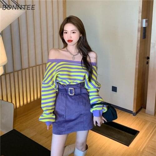 Women Sets 2 Piece Loose Striped Slash Neck Top Solid Above Knee Sashes Skirts Stylish Casual Elegant Korean Style Autumn Chic