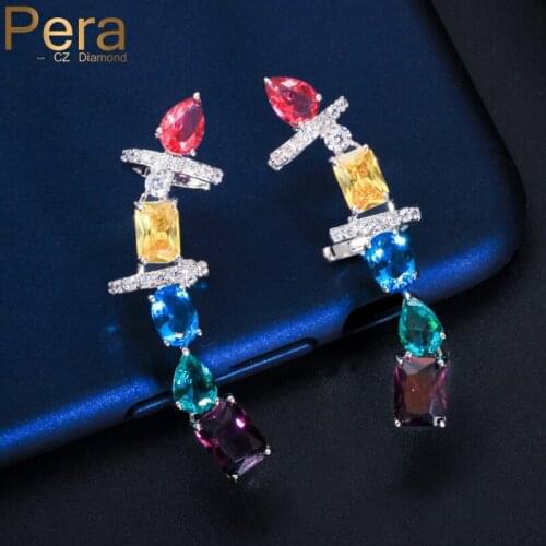 Pera Coloful Red Yellow Cubic Zircon Ear Cuff Geometric Long Square Stud Earrings for Women Daily Party Jewelry Accessories E432