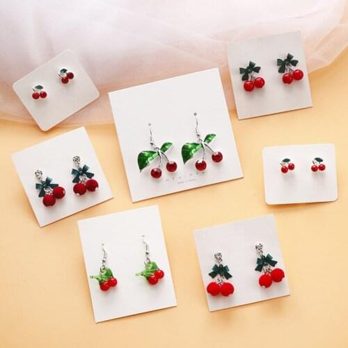 VSnow Japan Korean Sweet Red Cherry Dangle Earrings for Women Delicate Alloy Fluffy Green Leaves Fruit Drop Earrings Jewelry