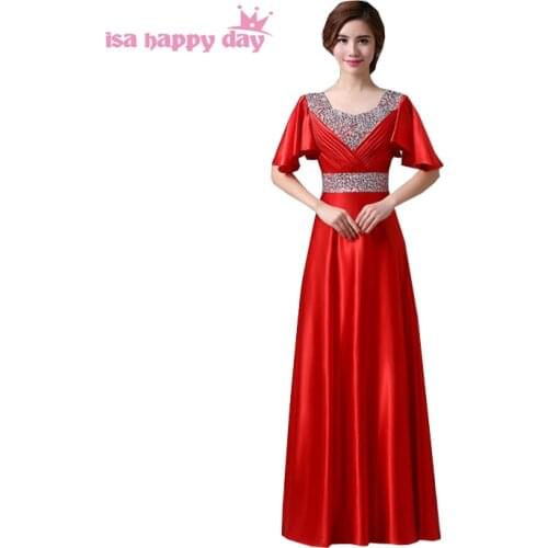 V neck mariage floor-length satin women long elegant bridesmaids dress beaded red cap sleeve bridesmaid for weddings H1382