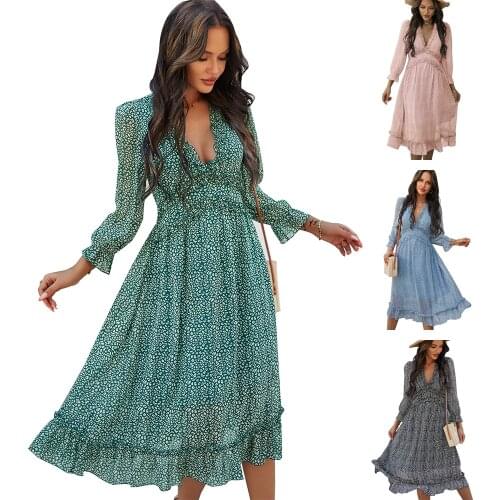 Women Elegant V Neck Ruffle Layered Bohemian Midi Dress Chiffon Floral Print Dress Leisure Spring Summer Long Sleeve Vestidos
