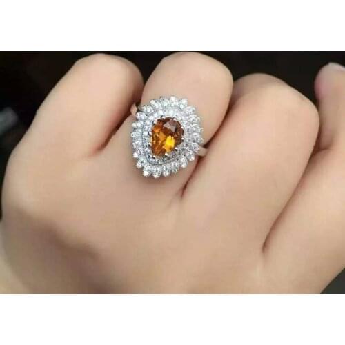 Lovely Elegant Diana water drop Natural yellow crystal Ring S925 Silver Natural citrine Ring girl Womens party gift Jewelry
