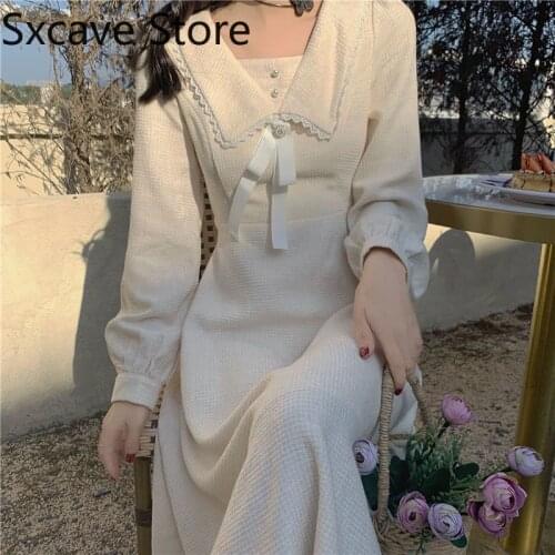 White Midi Dress Women Casual Long Sleeve Elegant Vintage One Piece Dress Korean 2021 Autumn Outdoor Design Kawaii Clothing Chic