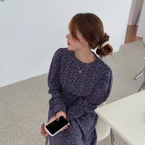 Korean Style 2020 New Autumn Dress Vintage O-neck Long Sleeve Floral Long Dresses Vestidos Chic Elegance Maxi Dress