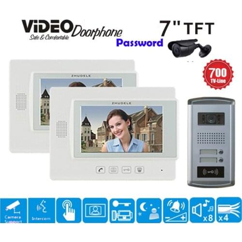 ZHUDELE 2-Apartments 7"Color Video Door Phone Touch Key Doorbell Intercom Support CCTV Camera IR HD IP56 Camera with ID Card