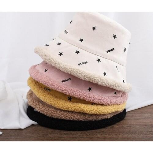 2021 Fishermans hat thickened warm lamb plush winter star embroidered basin hat V006
