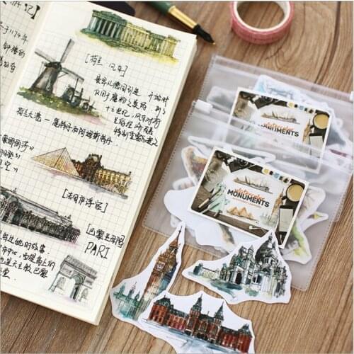 42Pcs/Pack Watercolor hand painted monuments building Travel around the world city Decoration sticker DIY planner diary stickers