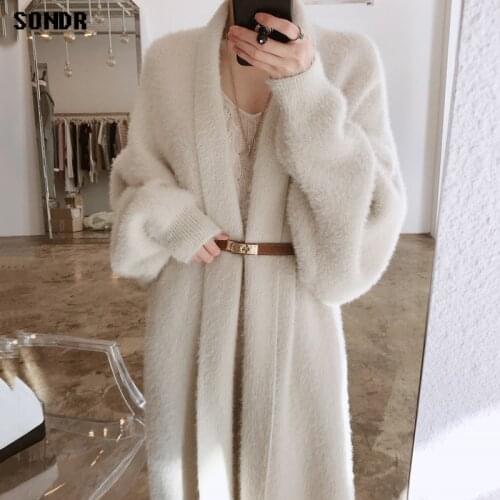 One-Piece Korean Cardigan Jacket 2020 Winter Office Ladies Elegant Loose Long Sleeves To Keep Warm Mink Mid-Length Knitting Coat
