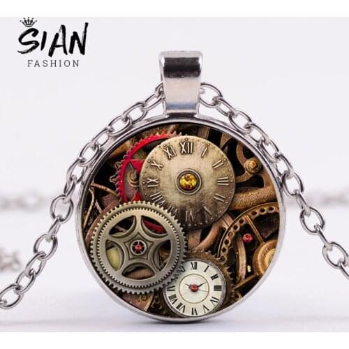 SIAN Vintage Steam Punk Clock Gear Long Necklace Handmade Art Photo Time Gem Pendant Necklace Men Women Jewelry 4 Colors Choose