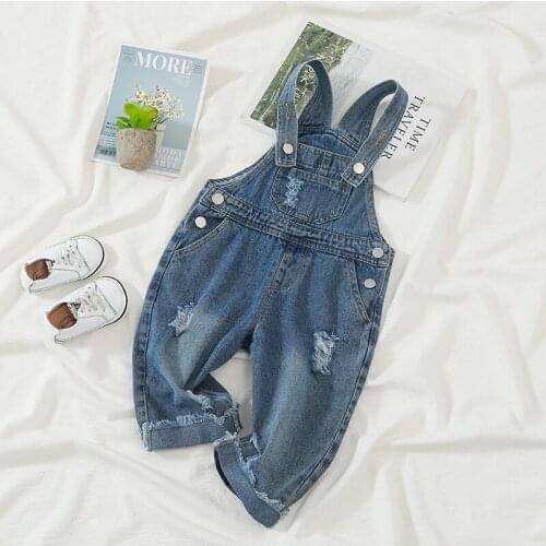Spring Autumn Baby Denim Overalls 2021 New Kids Boys Girls Casual Loose Denim Jumpsuits Childrens Fashion Hole Jeans Trousers