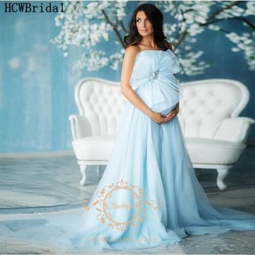 Long Mint Blue Strapless Evening Dress For Pregnant Women Big Bow Tulle Corset Back Plus Size Maternity Dresses For Prom Party