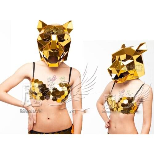 Future Technology Cosplay Gold Mirror costume hat Luxury Party Bar Nightclub Female Animal Mask Singer dj Dance Team Stage wear