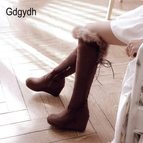 Gdgydh Large Size Real Fur Boots Women Black Female Over the Knee Boots Long High Heel Women Winter Shoes 2019 New Winter Wedge