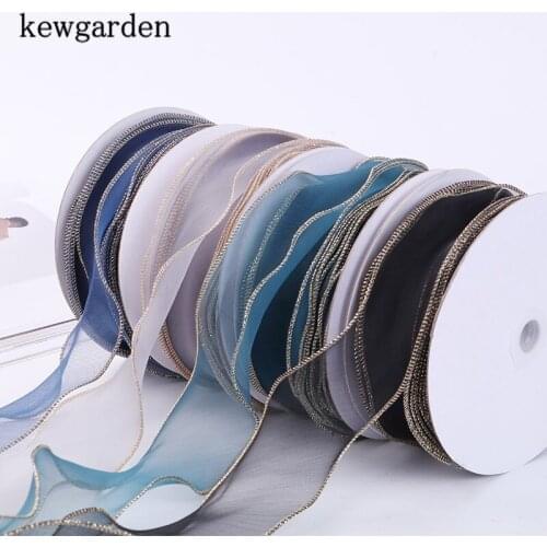 Kewgarden Wholesale 2" 50mm Gold Edge Organza RibbonsHandmade Tape DIY Bowknot Voile Ribbon Accessories Riband 25 Yards