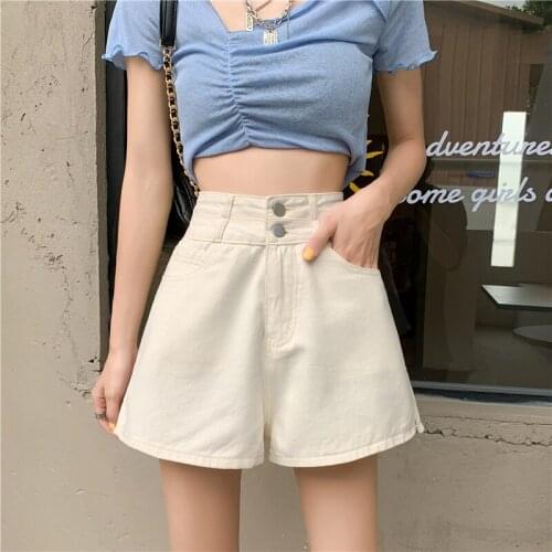 Double Buttons Summer Denim Jeans Shorts Women High Waist Wide Leg Short Pants Loose Pockets Casual Split Denim Shorts