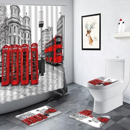 London Street Building Scenery Bathroom Decor Retro Red Telephone Booth Bus Shower Curtain Carpet Non-slip Toilet Bath Mats Set