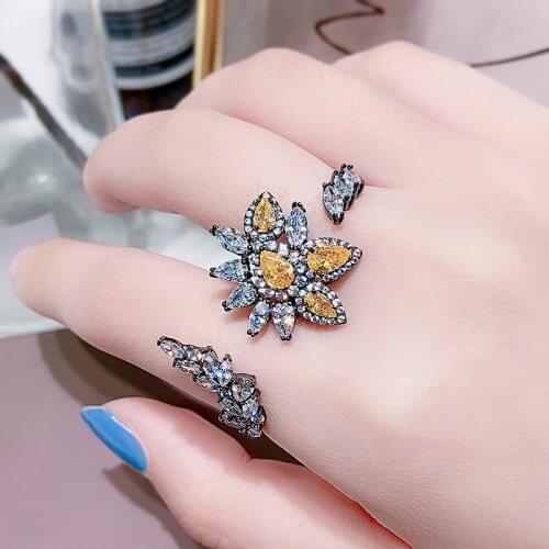 Kinel Fashion Zircon Crystal Flower Ring For Women Vintage Wedding Jewelry Finger Leaf Party Cocktail Rings Drop Shipping