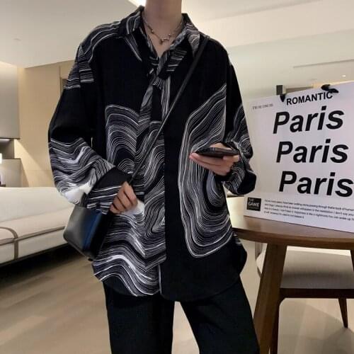 Autumn Oversized Print Shirt Mens Fashion Business Society Mens Dress Shirt Korean Loose Long-sleeved Shirt Men Casual Shirt