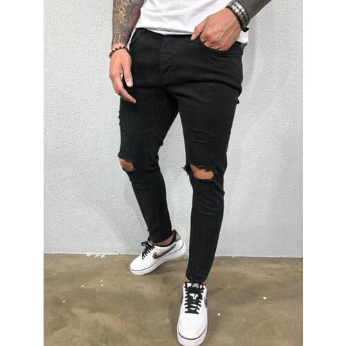 Men Ripped Jeans Skinny High Street Style Elasticity Slim Frayed Casual Black Blue Gyms Jogger Track Knee Hole Denim