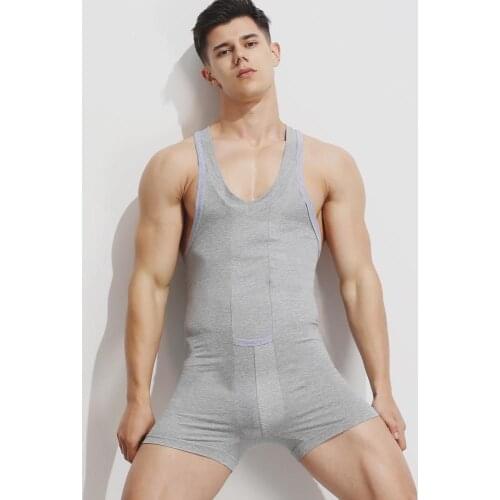 Mens One-Piece Sexy Vest Jumpsuit Home Fitness Yoga Tight-Fitting Muscle Shaping 95% Cotton Healthy Tights Light Gray Blue Suit