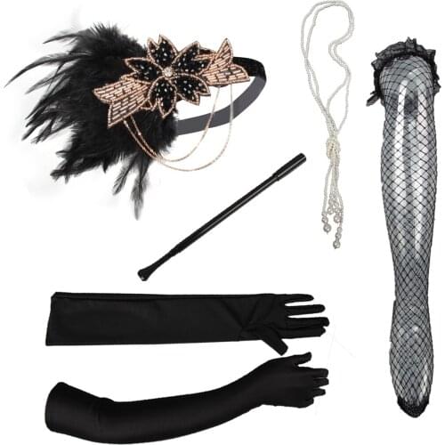 Hand Make Limit 1920s Flapper Gatsby Costume Accessories Set 20s Flapper Headband Pearl Necklace Gloves Cigarette Holder