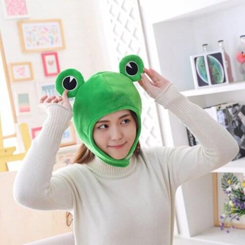 Novelty Funny Big Frog Eyes Cute Cartoon Plush Hat Toy Green Full Headgear Cap Cosplay Costume Winter Festival Party Dress Up