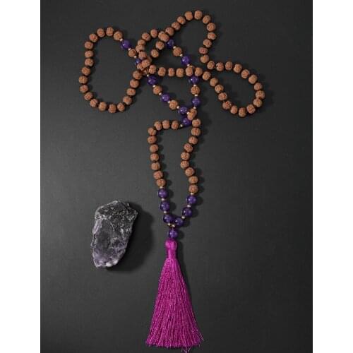 OAIITE 108 Mala Bead Necklace Handmade Knot Amethyst Rudraksha Strand Necklace Yoga Meditation Necklace