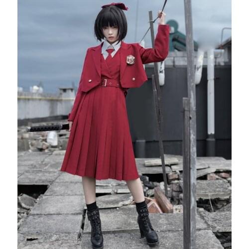 Holy Cherry Academy Original Design Cute Womens JK Uniform Set: White Blouse & Sleeveless Pleated Dress & Coat & Neckbow Tie