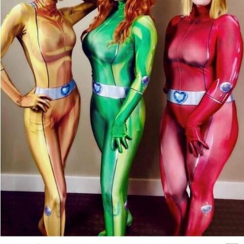 Totally Spies! DyeSub Printing Woman Cosplay Costume Spandex Superhero Cosplay Zentai Catsuit for woman Hot Sale