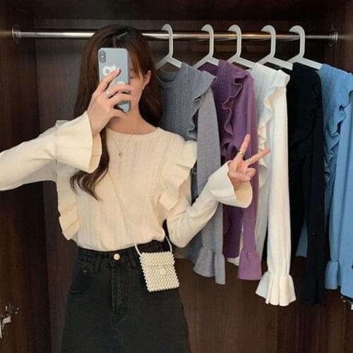Casual Flare-Sleeved Pullovers Tops Women Ruffles Pullovers Sweater Autumn Winter O-Neck Knitted Loose All-match Retro