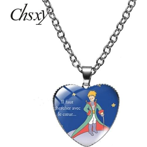 CHSXY Simple Cute Le Petit Heart Necklaces Little Prince Fairy Tale Cartoon Print Glass Choker Kids Jewelry Gift for Friends