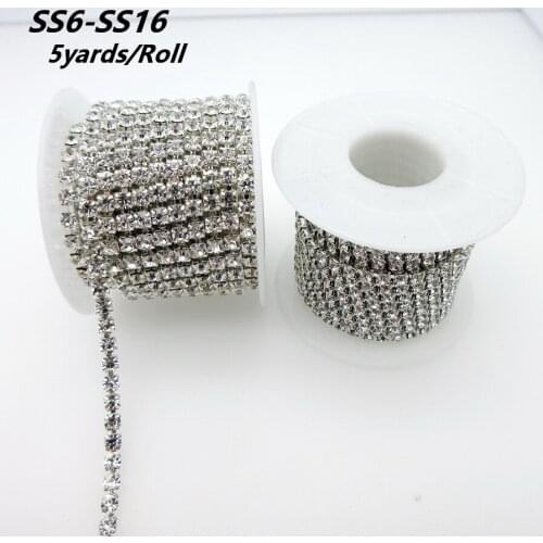 5yards/roll Clear glitter crystal glass 2mm 2.5mm 2.8mm 3mm 4mm Silver Base Close cup rhinestone Chain apparel Sewing ornament