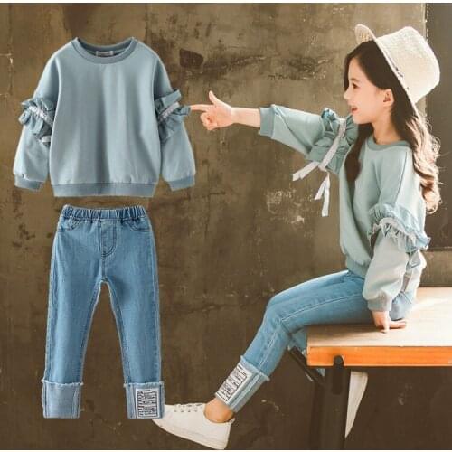 Girl Sports Suits Clothing Sets Autumn kids Baby Girls Sweatshirts + Jeans Tracksuits Costume Casual Children Clothes