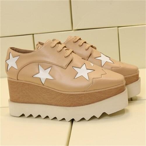 KALMALL Wholesale Square Toe Leather Stars Platform Shoes High Wedge Casual Shoes Thick Bottom Height Increasing Lady Loafers
